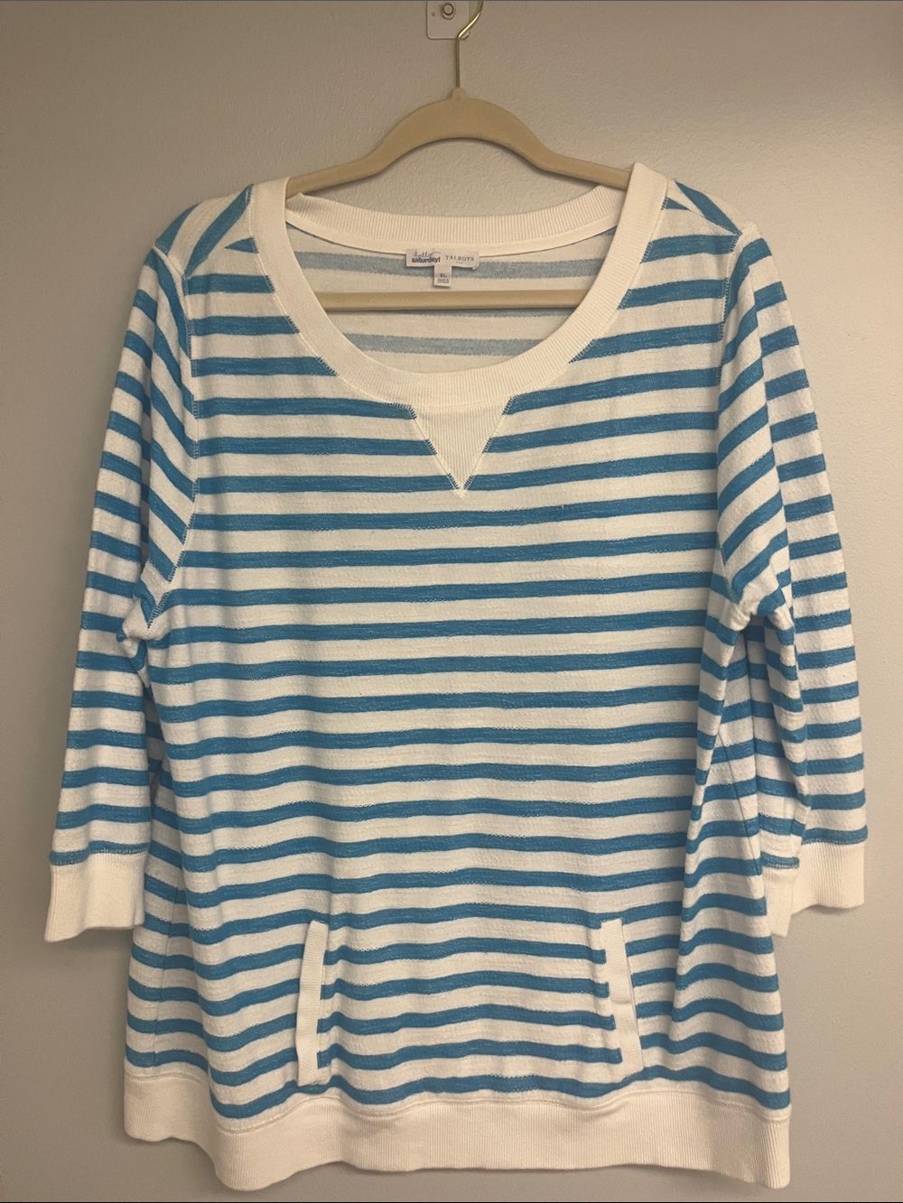 Talbots White and Light Blue Striped Scoopneck Sweater